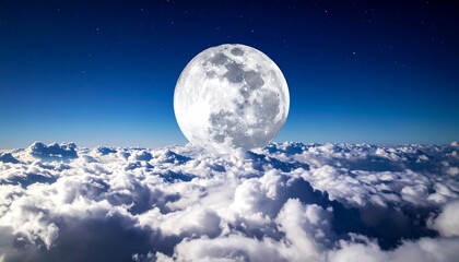 Full moon above a vast expanse of fluffy clouds at night, stars visible