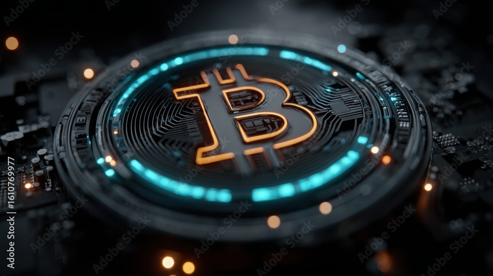 Poster bitcoin coin illustrating the concept of quantum bitcoin futures panel in a futuristic user interfac