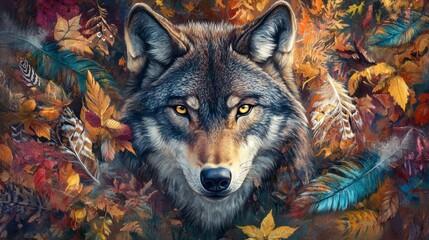 Majestic wolf portrait amidst autumn leaves and feathers. © thenort