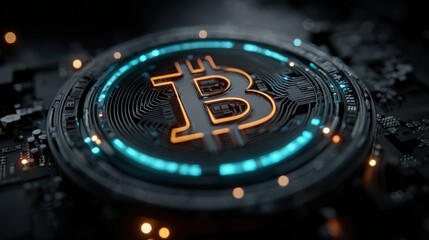 Bitcoin coin illustrating the concept of quantum bitcoin futures panel in a futuristic user interface design display