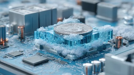 Central processing unit with bitcoin coin on top representing cryptocurrency technology and digital currency integration