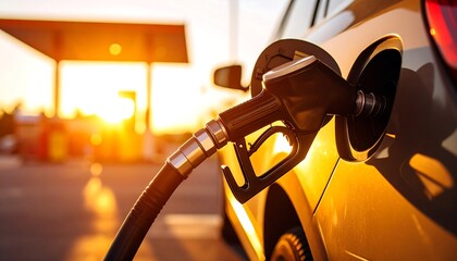 Fuel nozzle inserted into a car's fuel tank at sunset