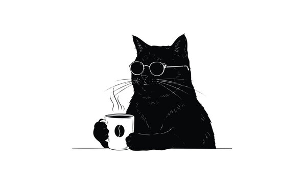Cool cat with sunglasses holding a coffee mug illustration. Vector retro hand drawn illustration