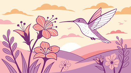 Hummingbird flying near flowers in a pastel landscape with clouds and a rising sun illustration