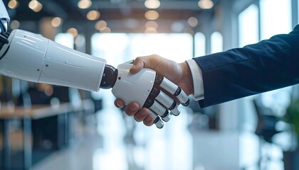 Robot and human shaking hands in agreement