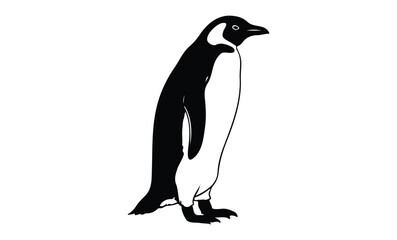 Black and white silhouette of a standing penguin on a white background. Vector retro hand drawn illustration