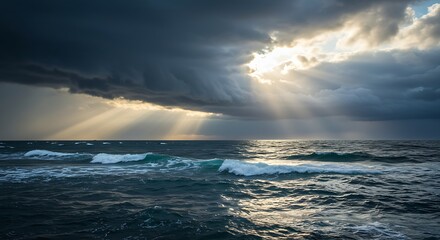 Obraz premium Stormy Seascape with Sun Rays Breaking Through Dramatic Clouds Over Rough Ocean.