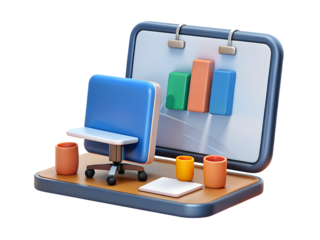 A 3d illustration of a modern office desk with a chair and a whiteboard displaying business charts isolated on transparent background