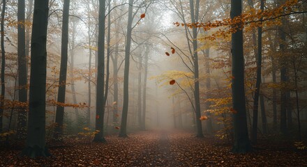 Misty autumn forest with fallen leaves