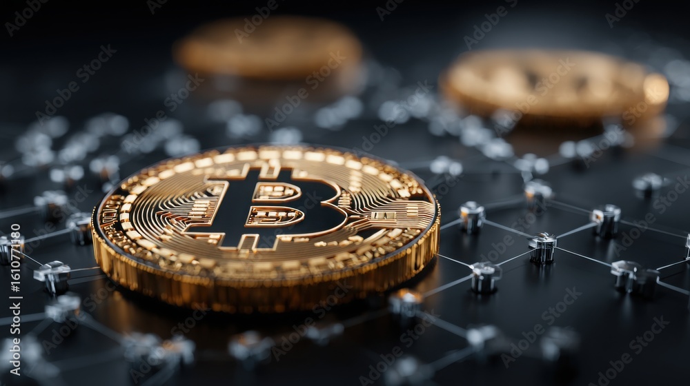 Poster bitcoin coin surrounded by intricate blockchain circuitry representing digital currency and modern t