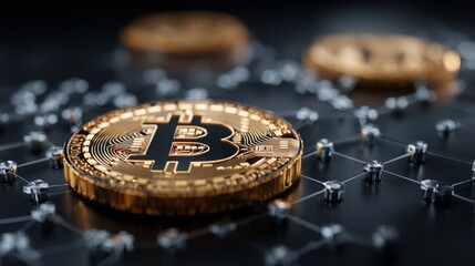 Bitcoin coin surrounded by intricate blockchain circuitry representing digital currency and modern technology concepts