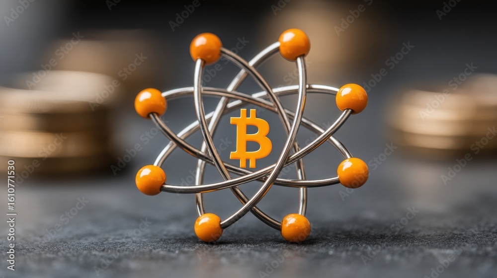 Poster dollar sign overlaid on atom model representing quantum blockchain synchronization in real-time syst