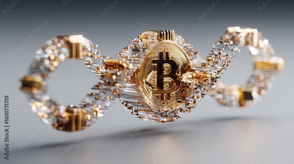 Poster golden clock crafted from crystals illustrating quantum blockchain sync cycle concept and loop cycle