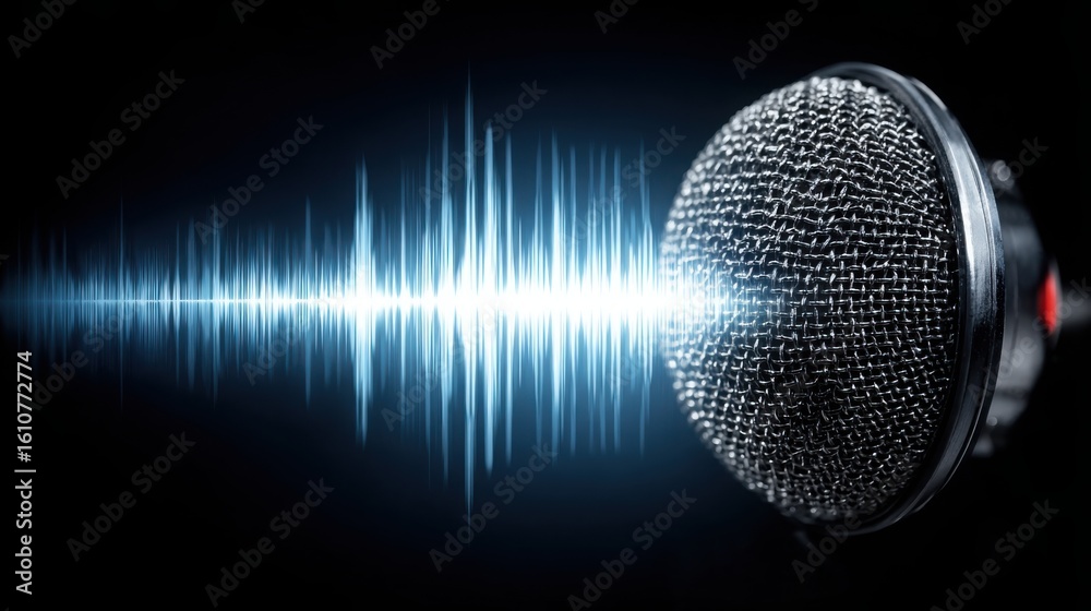 Poster microphone with sound waves representing communication and data tracking in cryptocurrency signal pu
