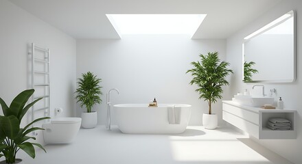Fototapeta premium Minimalist Modern Bathroom with Plants and Skylight