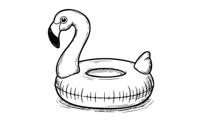 Flamingo-shaped inflatable pool float drawing in black and white. Vector retro hand drawn illustration