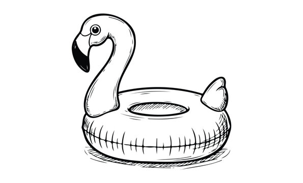 Flamingo-shaped inflatable pool float drawing in black and white. Vector retro hand drawn illustration