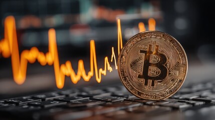 Bitcoin on a laptop displaying digital finance and cryptocurrency analysis with signal pulse tracking in technology