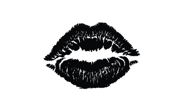 Bold artistic black lip print isolated. Vector retro hand drawn illustration