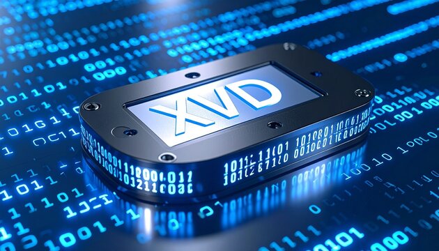 Close-up of a data tape labeled XVD surrounded by glowing binary code streams, cold lighting with metallic surfaces in the background 