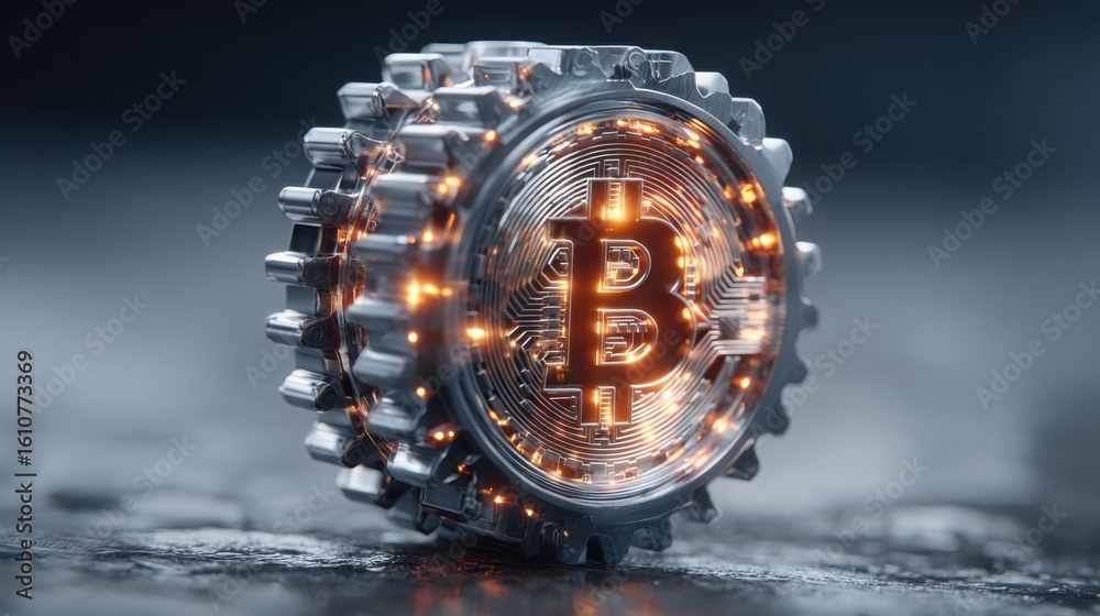 Poster conceptual illustration of a bitcoin representing quantum chain performance engine for innovative us