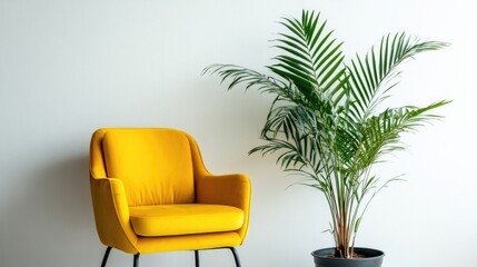 Fototapeta premium A vivid yellow chair next to a green indoor plant