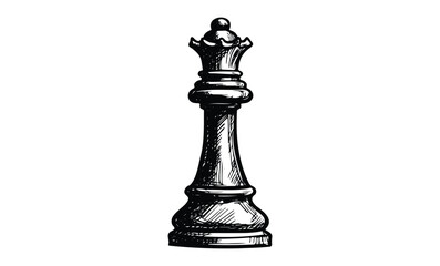 Hand-drawn chess queen piece in black and white ink art illustration. Vector retro hand drawn illustration