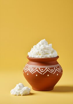 Krishna janmashtami photo of a traditional clay pot filled with fresh, creamy butter or ghee, symbolizing offerings to lord krishna, placed on a vibrant yellow background krishnashtami