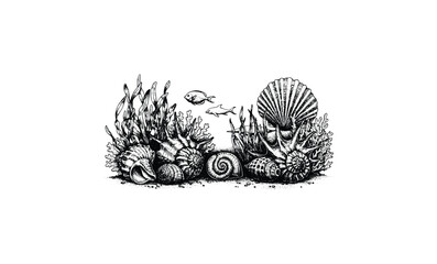 Detailed black and white marine life illustration with seaweed and shells. Vector retro hand drawn illustration