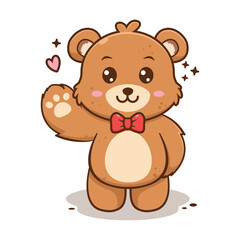 Cute Teddy Bear Cartoon with Red Bow Tie Waving Hand and Smiling Face – Adorable Character for Teddy Bear Picnic Day, Baby Products, Kids Design, or Greeting Cards