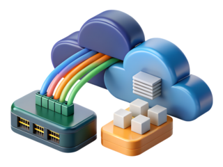 A 3d render illustrating cloud computing with network cables connecting to servers isolated on transparent background