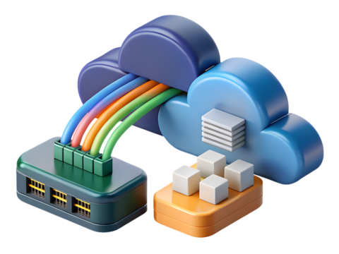 A 3d render illustrating cloud computing with network cables connecting to servers isolated on transparent background