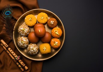 Krishna janmashtami photo of a collection of assorted indian sweets, including laddus and barfis, arranged on a brass plate with a peacock feather and a flute, signifying festive celebrations and cult