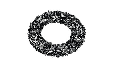 Obraz premium Intricate seashell wreath design with starfish and coral elements. Vector retro hand drawn illustration