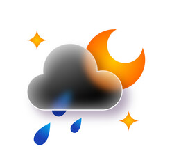 Nighttime rain cloud icon; crescent moon, stars, blue raindrops, gradient style.