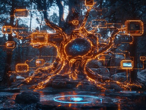 nature conservation concept. A mystical tree with glowing data interfaces in a dark forest.