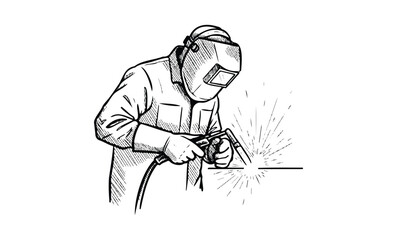 Monochrome drawing of welder in action with protective gear and welding sparks. Vector retro hand drawn illustration