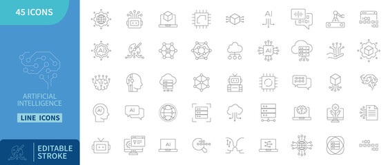 Artificial intelligence ai icon neural network machine learning data cloud chip editable stroke line style