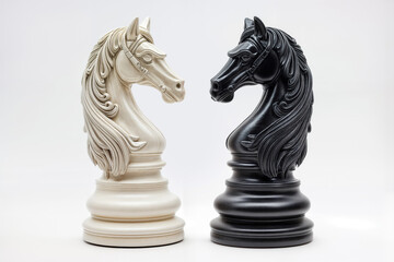 Black and White Knight chess pieces face off