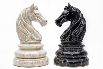 Black and White Knight chess pieces face off
