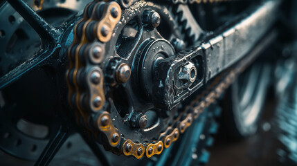 Close up of a dirty motorcycle chain and sprocket on a dark background