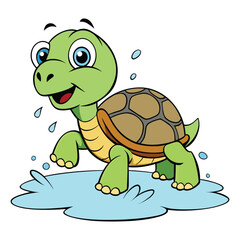 Cartoon turtle walking in a puddle with water droplets