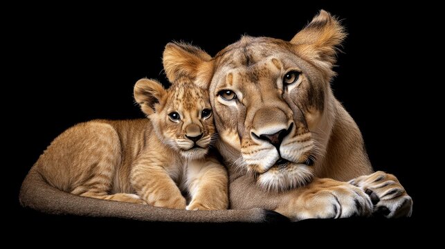 Portrait of a protective female lion gently resting beside her cub isolated on a dark black background in dramatic wildlife concept