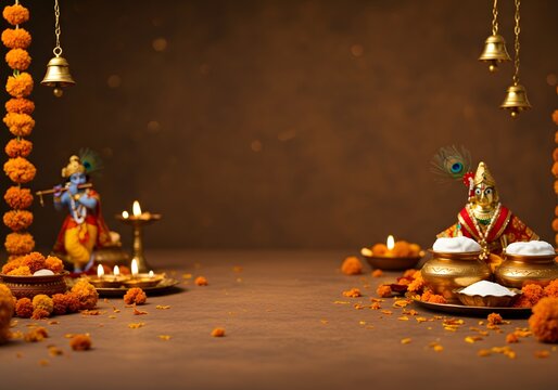 Krishna janmashtami photo of a vibrant statue of lord krishna playing the flute is placed amidst decorative marigold garlands, hanging bells, and ornate earthen pots filled with offerings, illuminated