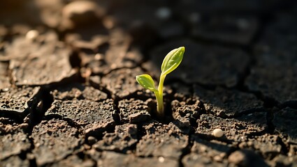 A small green sprout emerging from cracked dry soil under bright sunlight in a close up shot view
