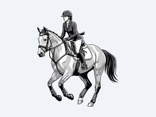 Female equestrian athlete competing on a white background