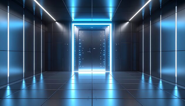 Digital vault door labeled &ldquo;XVD Storage&rdquo; partially open with bright light pouring through, cinematic shadows cast on metal floor tiles
