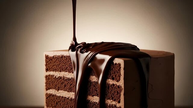 Chocolate Ganache Pouring Over Layered Chocolate Cake in a Studio Shot