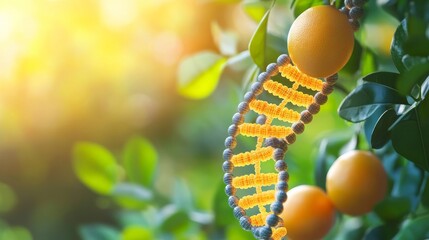 A vibrant fusion of nature and science, a DNA strand entwined with oranges. This unique imagery symbolizes growth and life in a colorful setting. Generative AI