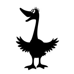 Cartoon duck character with a joyful expression and outstretched wings  